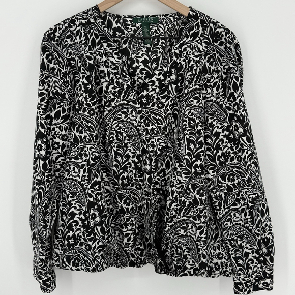 Lauren Ralph Lauren Tops - Ralph Lauren Black White Paisley Faux Wrap Top Women’s Size XL